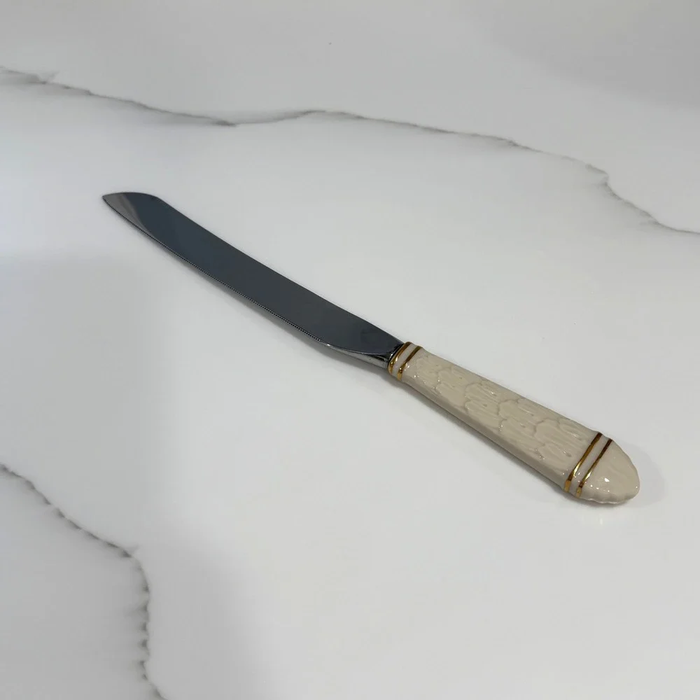 VTG Sheffield Stainless England Porcelain Handled Wedding Cake Knife Gold Trim